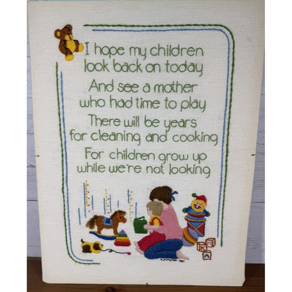 Finished Crewel Embroidery Mother Children Grow Up Dimensions Completed Vtg 1981